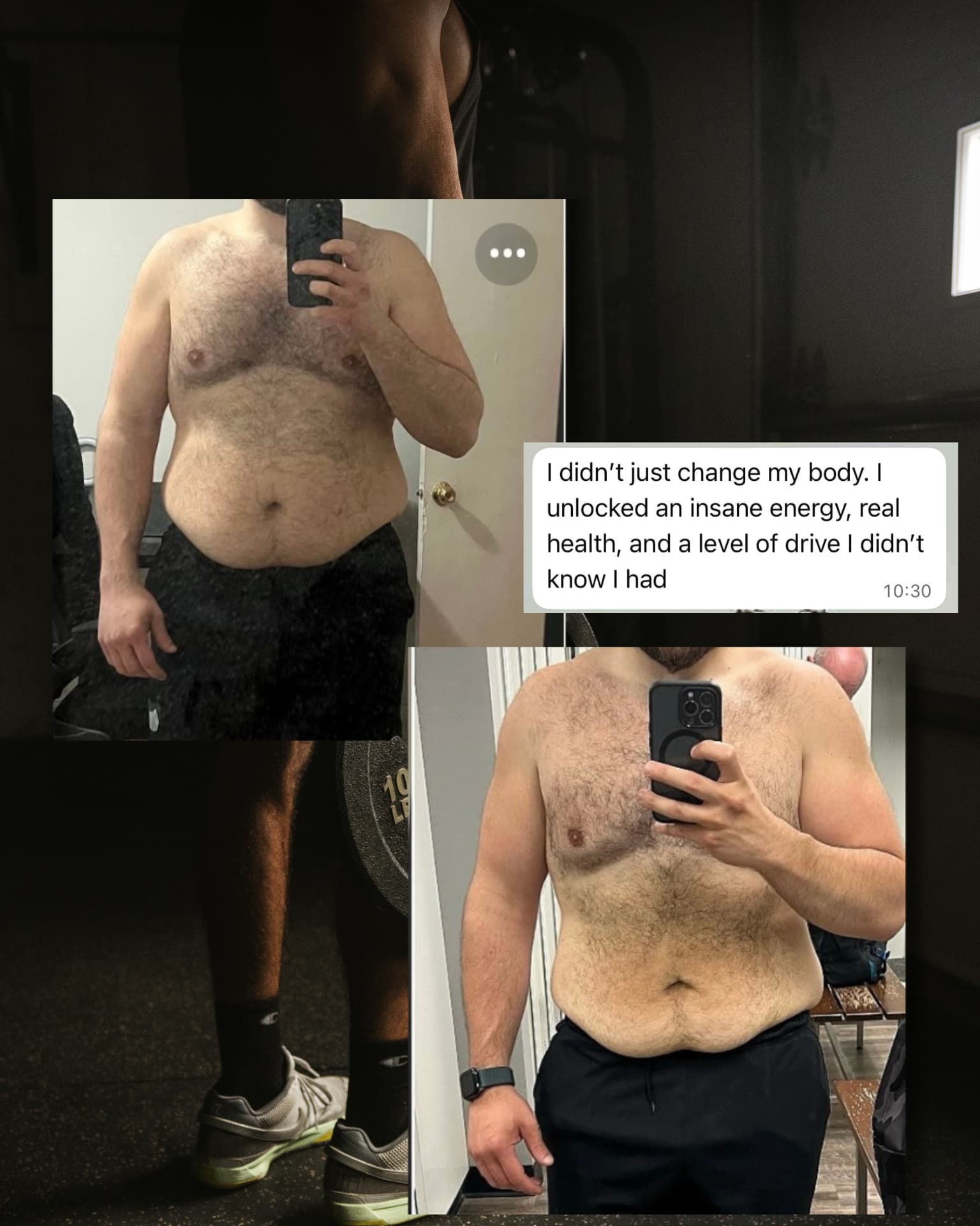 Client progress photos with a message about more energy, health and drive