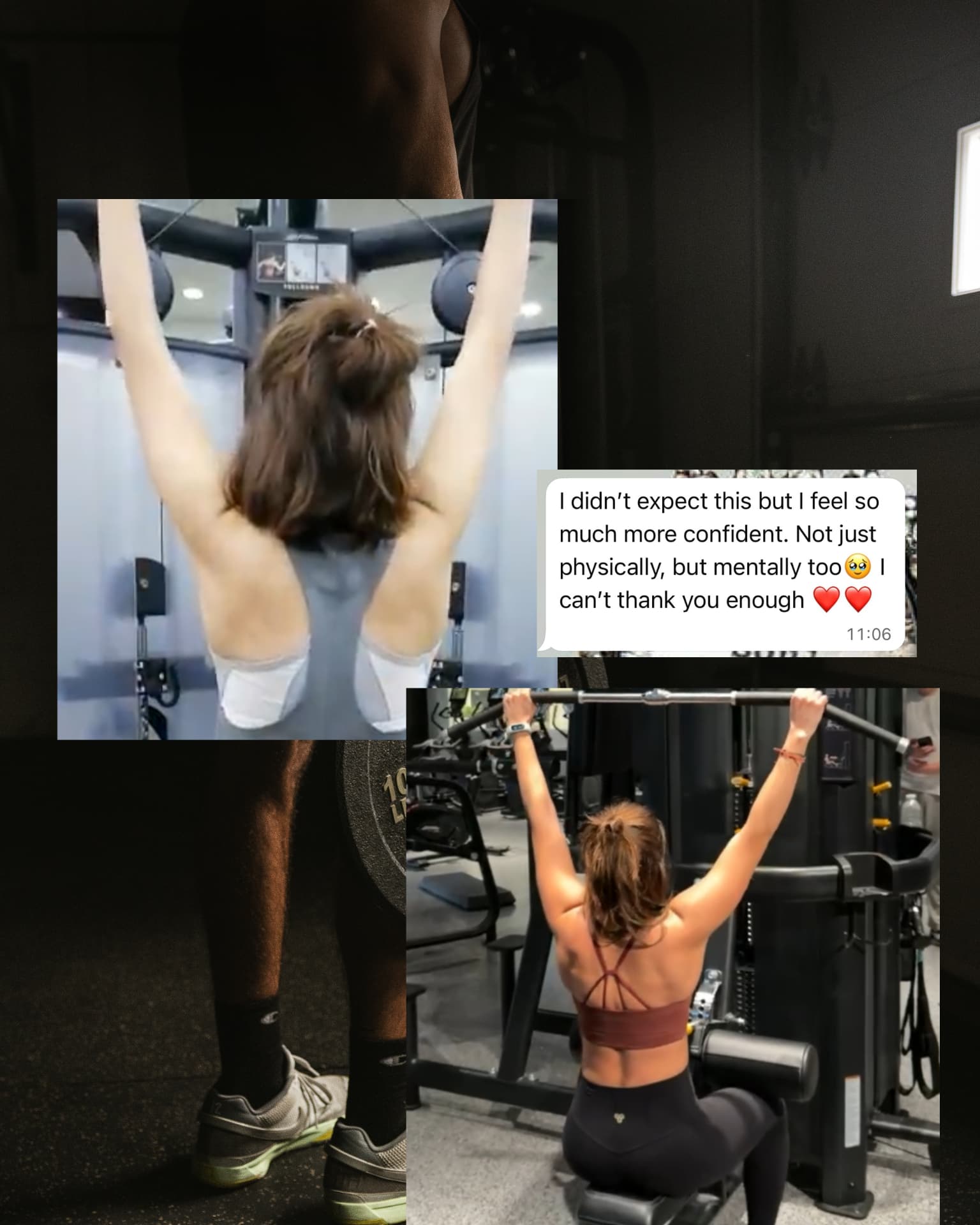 Client progress photos with a message about feeling more confident physically and mentally