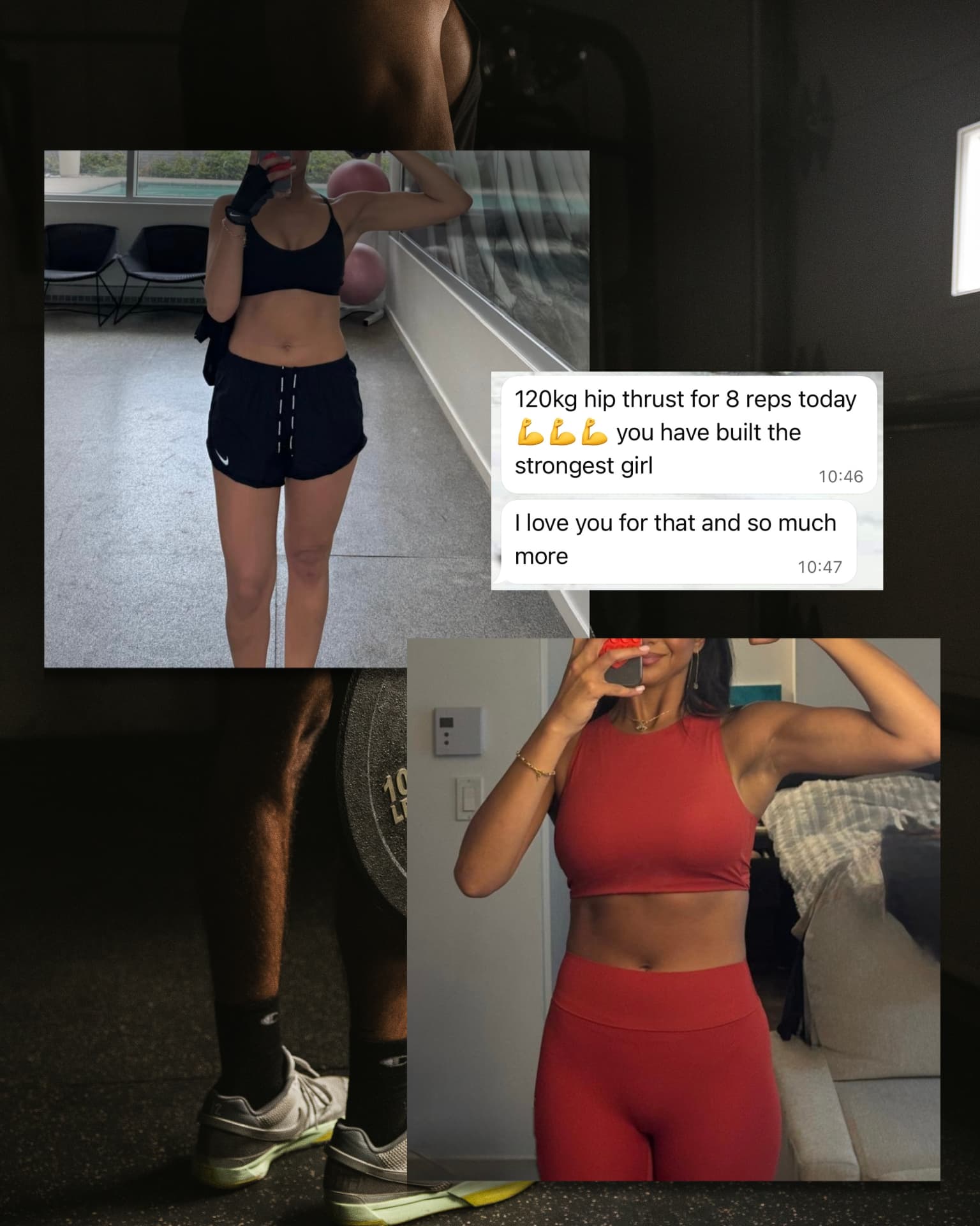 Client progress photos with a message about hitting a 120kg hip thrust